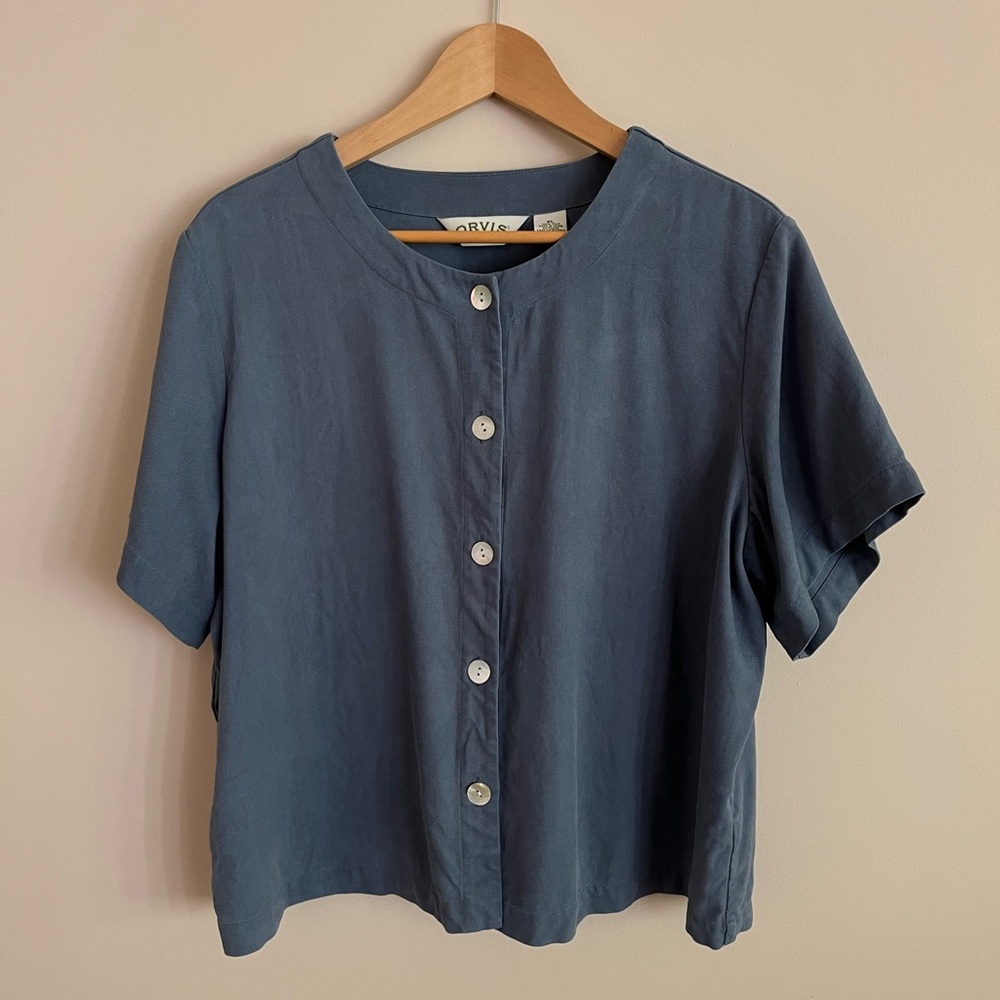 ORVIS blue 100% silk button down short sleeve shirt size XL